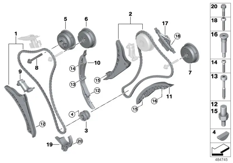Chain drive and layout diagram of a BMW timing chain system
