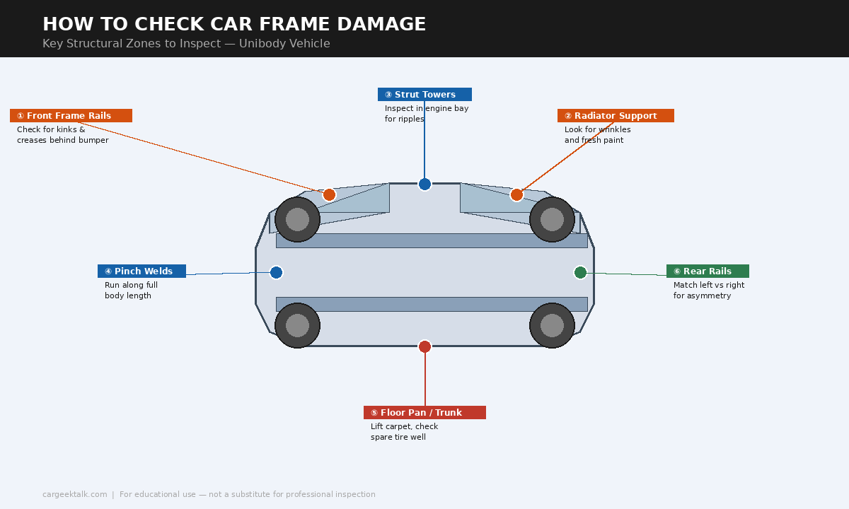 how to check car frame damage — illustrated inspection diagram showing key structural zones
