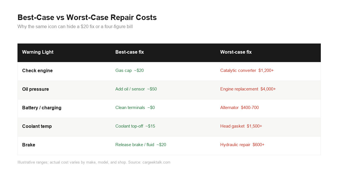 car warning lights repair cost comparison